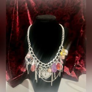 Elegant Silver Tone Charm Necklace with Multicolor Accents Hearts Key